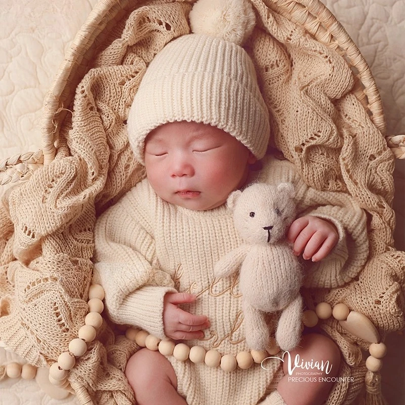 الوليد التصوير الدعائم الشمال الأبيض محبوك الزي مع قبعة دمية دب بطانية الديكورات سلة من الخيزران مجموعة لالتقاط الصور في الاستوديو #3