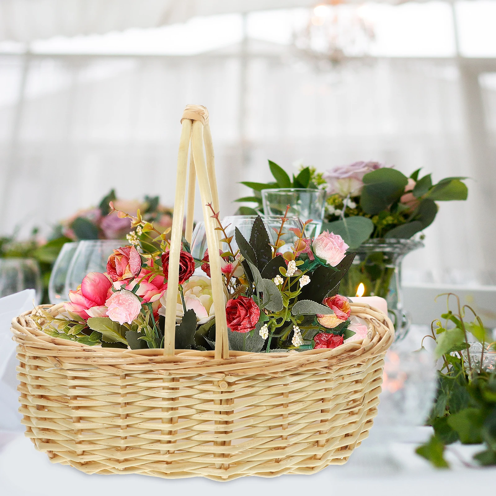 

Handheld Wicker Basket Pastoral Style Woven Flower Storage Basket for Picnic Wedding Home Decor Organizer