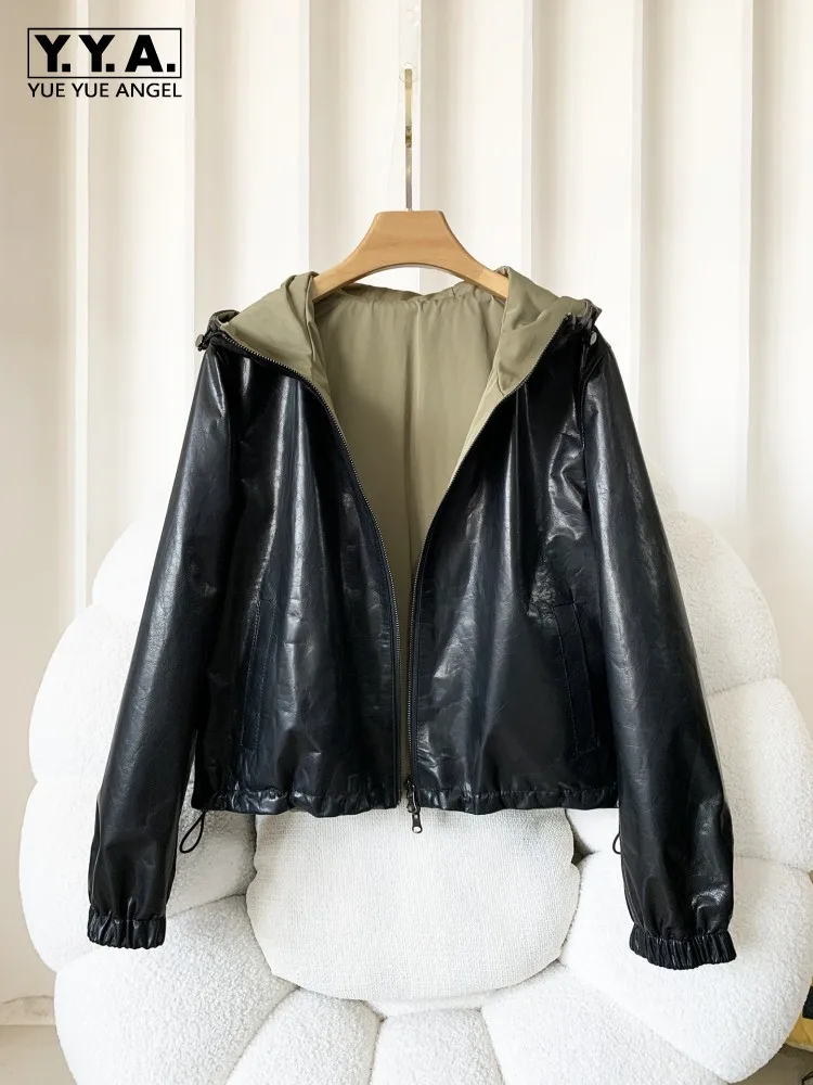 Leisure Female Zipper Genuine Leather Short Jacket Fashion Long Sleeves Hooded Cowhide Coats Solid Color Sheepskin Outwear