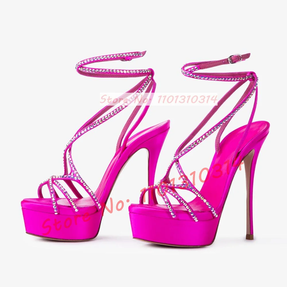 Iridescent Thin Straps Platform Sandals Women Crystals Decor 2024 Summer Luxury Stiletto High Heels Shiny Cross Strap Satin Shoe