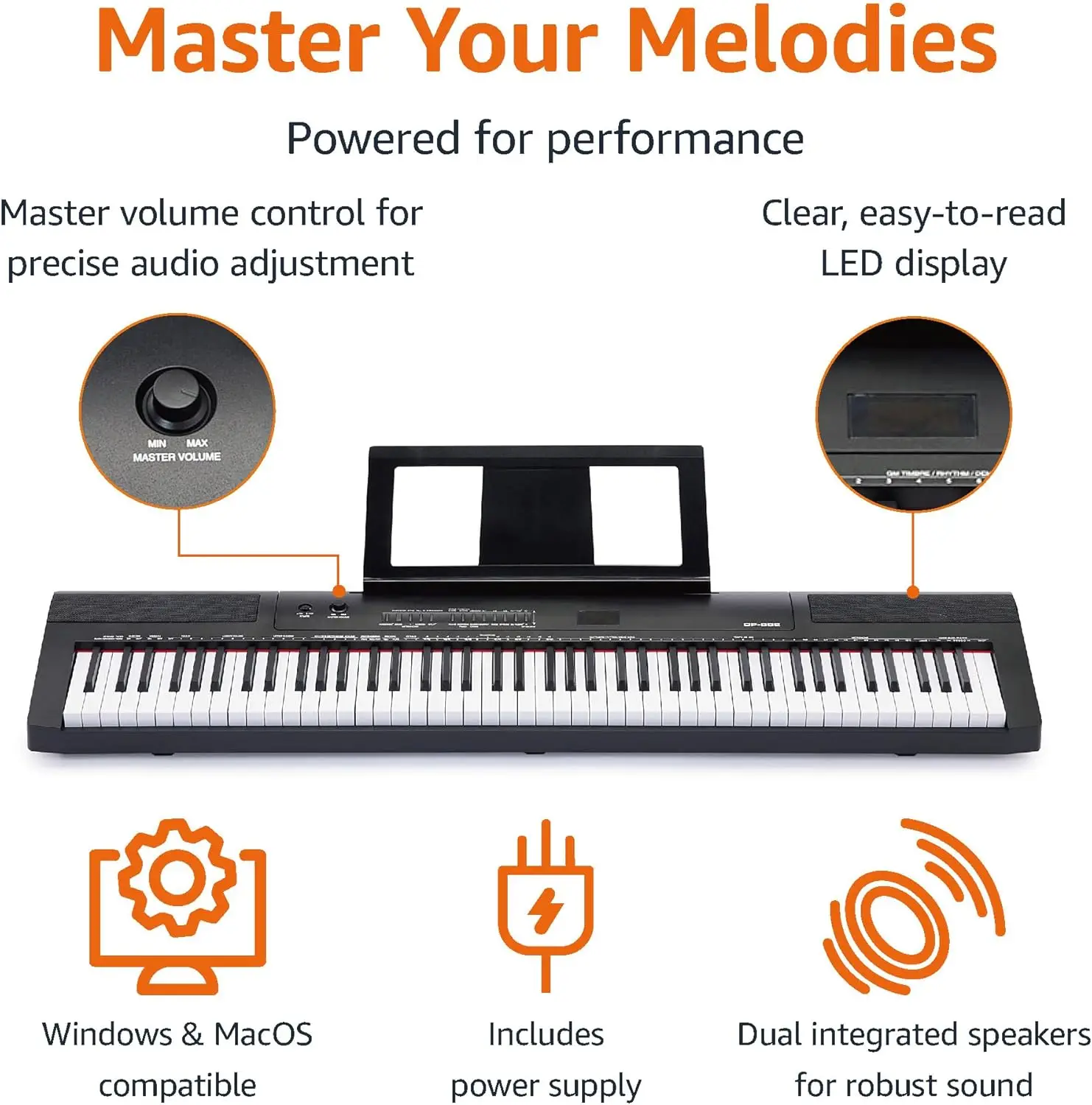 Tastiera elettrica 88 tasti, pianoforte digitale semiponderato con pedale di sostegno, alimentatore, 2 altoparlanti, modalità lezione