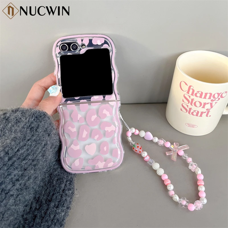 for Samsung Z Flip5 Cute Cartoon Bowknot Bracelet Case for Samsung Galaxy Z Flip 5 4 3 Flip5 Leopard Wrist Chain Wave Soft Cover