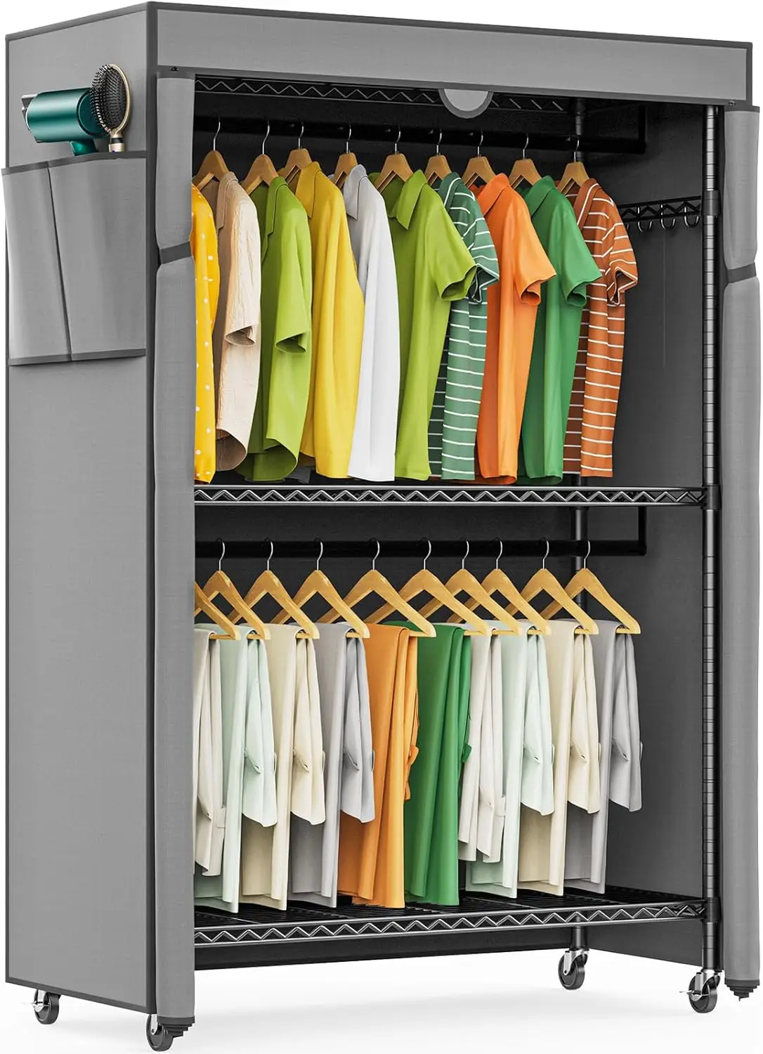

G1C Heavy Duty Clothes Ra With Cover, Rolling Garment Ra For Hanging Clothes, Portable Closets With Oxford Fabric Cover,