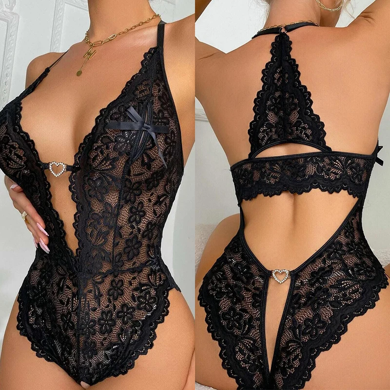 Women Lace Body Suit Sexy Lingerie Sleepwear Mesh Lace Floral Deep V See-through Teddies Bodysuits Naughty Eroctic Costumes