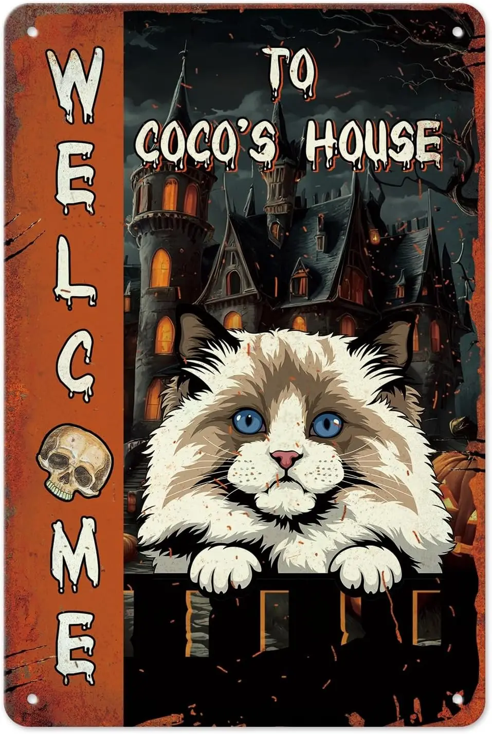 Happy Halloween Vintage Metal Sign Ragdoll Cat Welcome Tin Sign Retro Halloween Sign for Backyard Front Door Porch Outdoor Deco