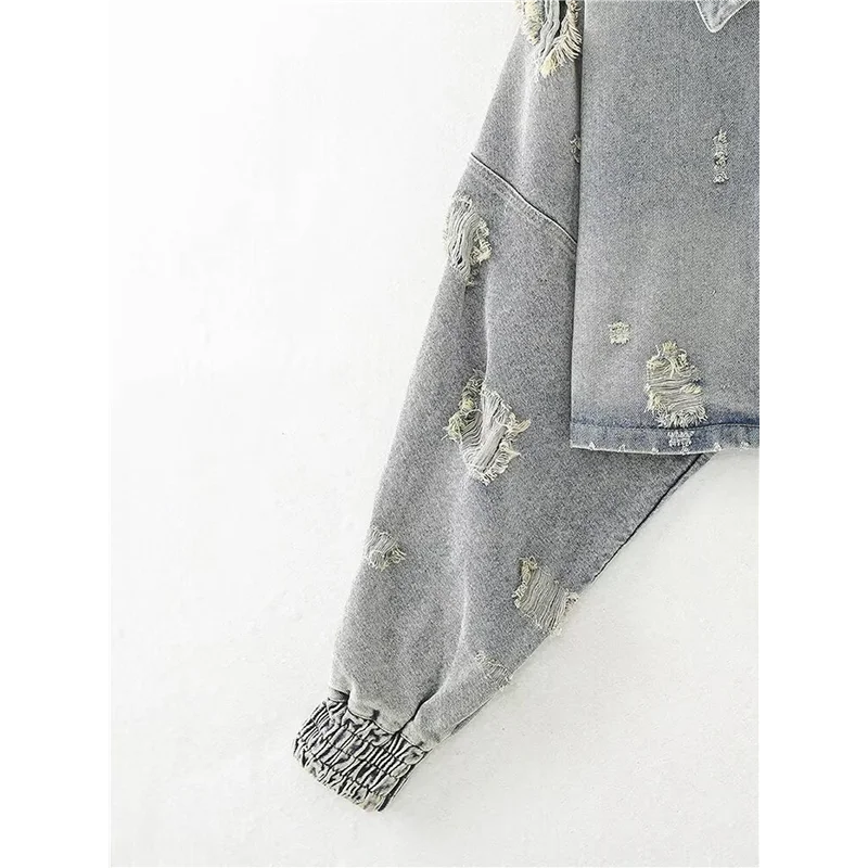 ABRT – Jaqueta jeans feminina desfiada com manga morcego e gola virada para baixo – Casacos de algodão grosso para outono e inverno