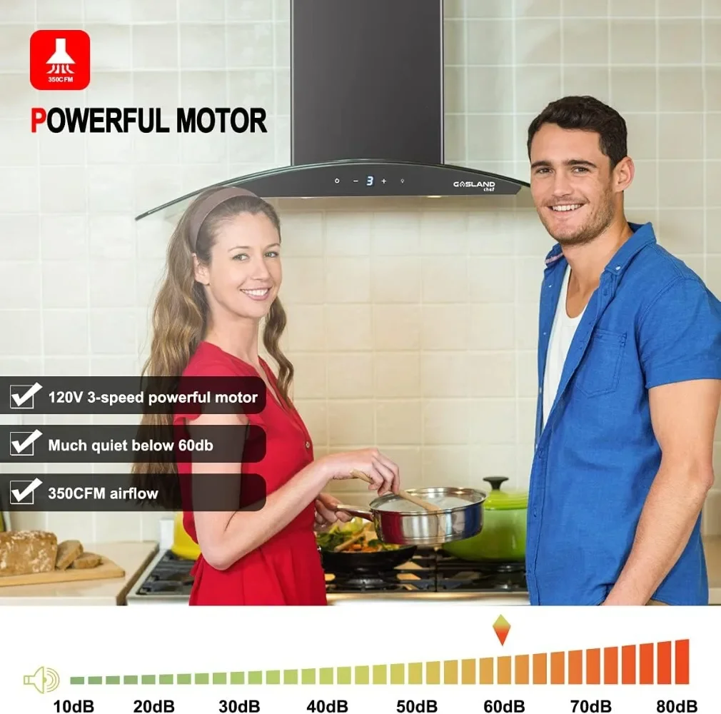 36" Range Hood, GASLAND Chef GR36BS Glass Wall Mount Range Hood Black, 3 Speed 350 CFM Ducted Kitchen Hood