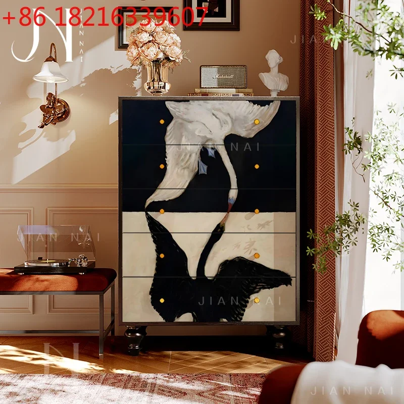 TAO French retro chest of drawers solid wood reverse swan decoration living room wall storage bedroom bedside drawer
