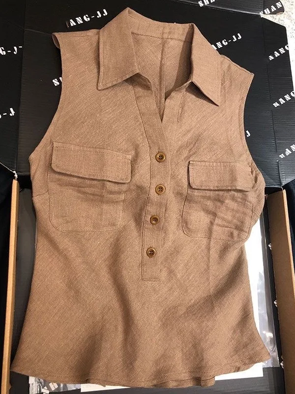 Unique Flip Collar Pocket Sleeveless Slim Fit Fashionable Holiday Style Overhead Shirt Sexy V Neck Button High End Feeling Vest