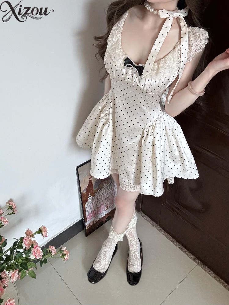 

Y2K French Polka Princess Dress 2025 Summer Spice Multi Scene Corset Waist Lace Trim Bow Accent Korean A Line Ancient Streetwear