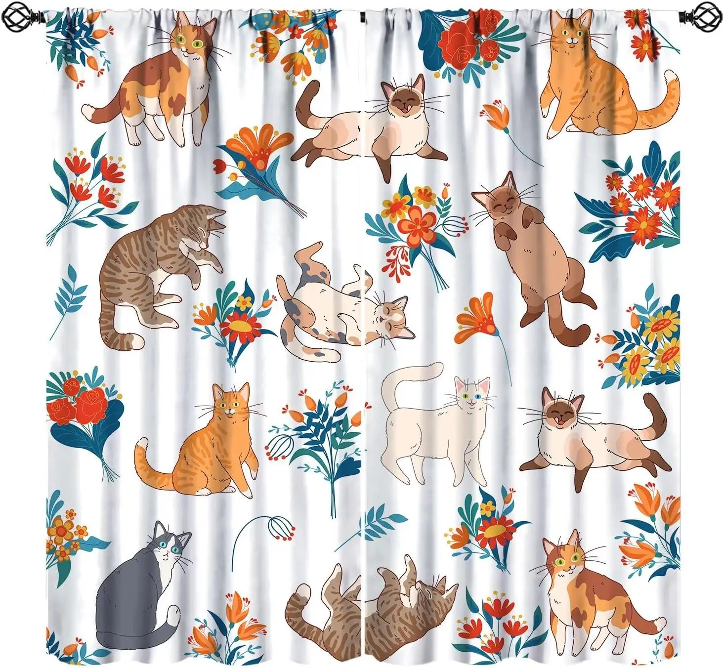 Cartoon Cat Floral Curtains, Colorful Spring Blue Orange Flowers Bouquets Funny Cute Cats Nature Garden Window Treatments for