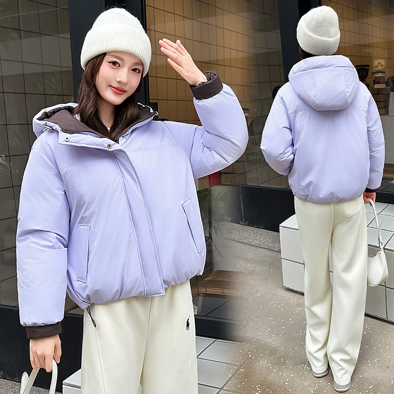 2026 New Women Winter Double Sided Wear Reversible Hooded Parka Coat Plain Cropped Outer Layer Zip Contrast Inside Oversized Fit