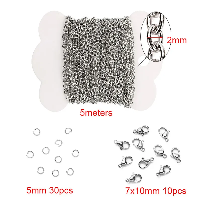 5meters 1 1.5 2 2.5 mm Stainless Steel Link Chains Bulk Lobster Clasps Jump Rings Lot for Diy Necklace Bracelet Jewelry Making