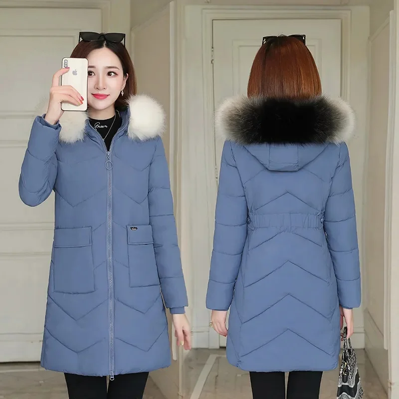 Winter Fashion Fur Collar Hooded Down Cotton Coat Womens Parkas Jacket Long Warm Padded Puffer Parkas Snow Wear Outerwear Female