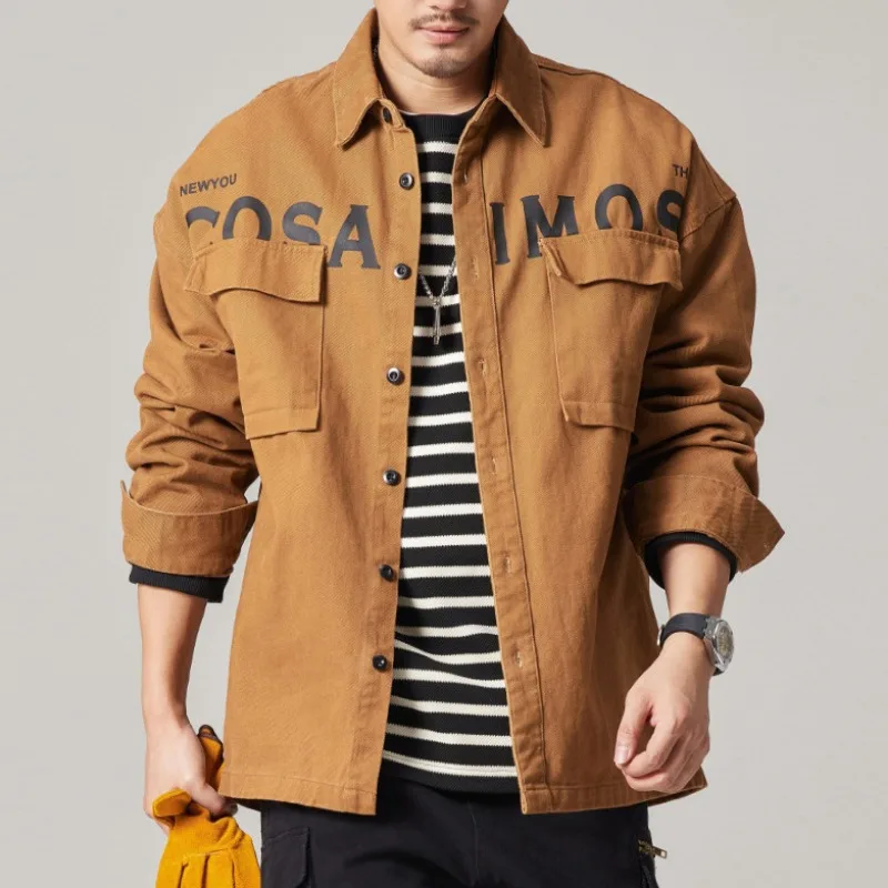 Retro Japanese Long Sleeved Shirts Men Straigt Loose Cotton Letter Printed Cargo Thin Jacket Classic Chest Pocket Workwear Tops