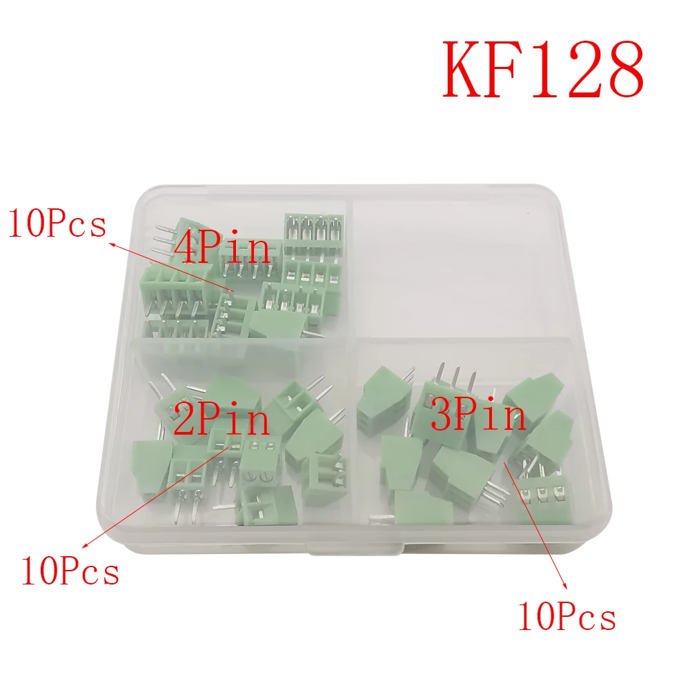 30Pcs KF128 2.54mm Terminal Blocks Connector 2Pin 3Pin 4 Pin Straight Screw PCB Terminal Connectors Kit