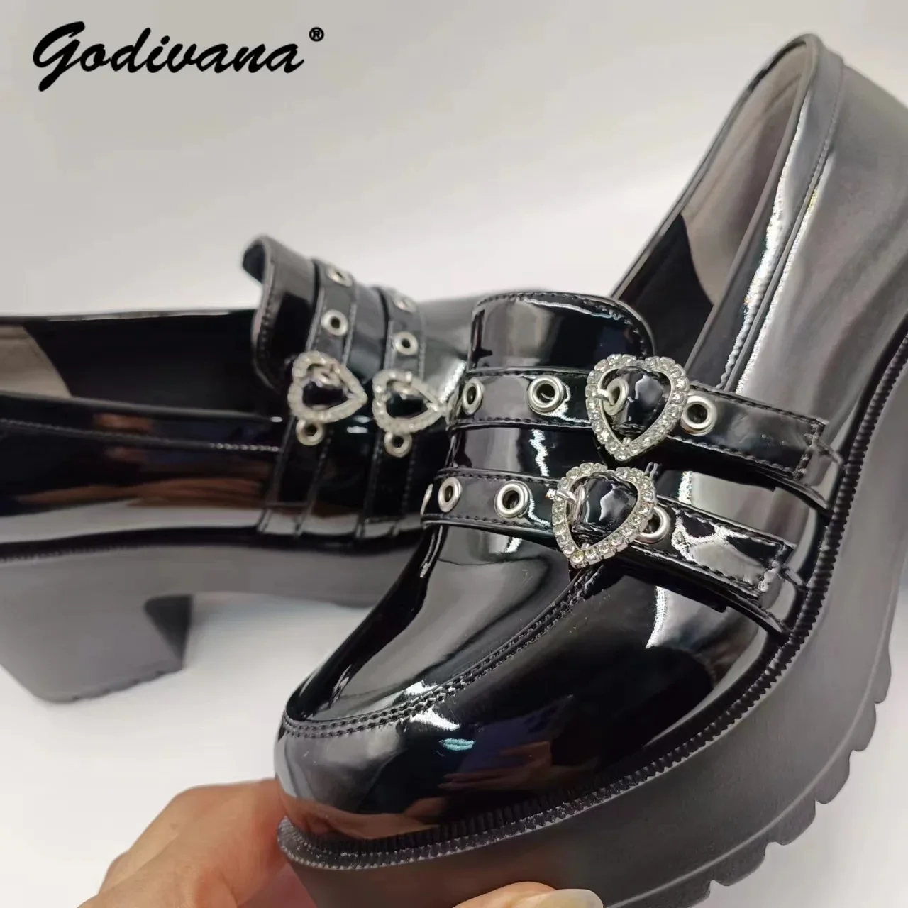 Japanese Sweet Love Heart Rhinestone Lolita Retro Platform High Heel Mine Series Girl Womens Pump Leather Shoes Black High Heels