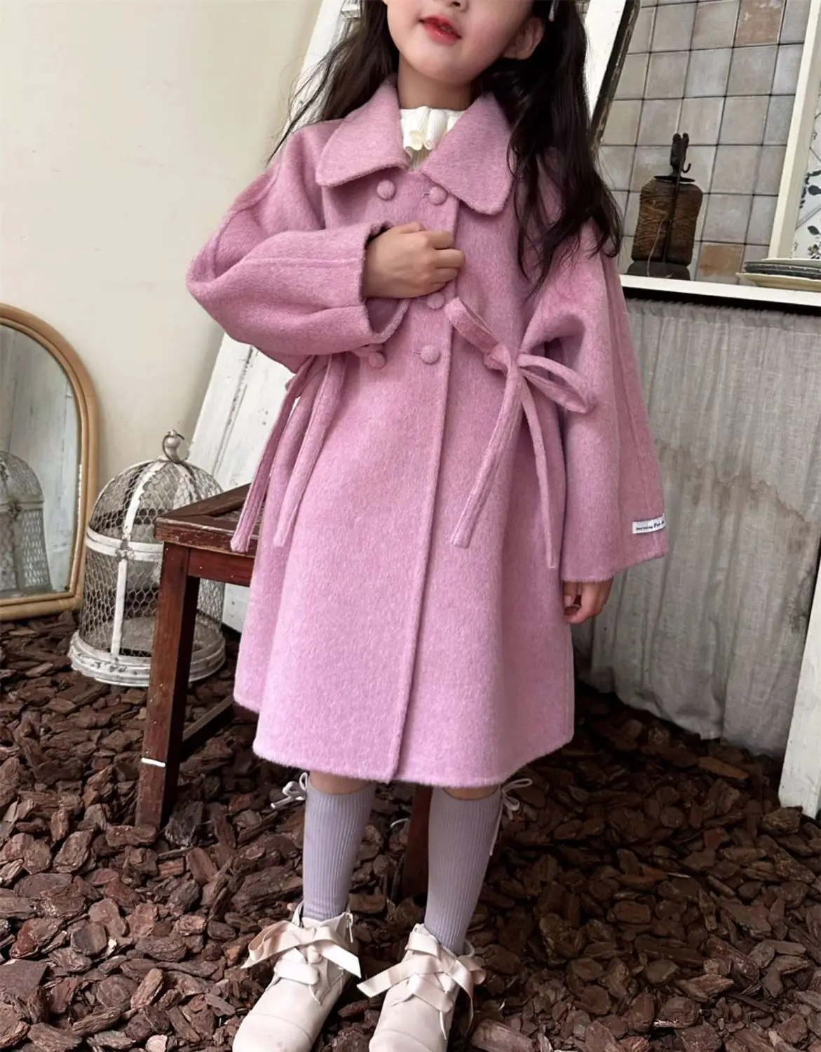 الخريف والشتاء طفل الفتيات معطف الصوف جديد الحلو الوردي الأرجواني معطف مزدوج الصدر للأطفال 90-140 سنتيمتر