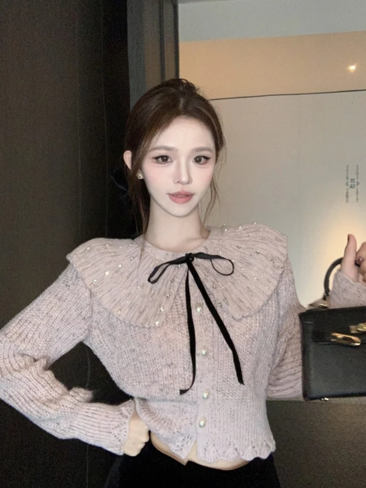 

Heavy Embellied Knitted Sweater Women's Autumn Winter Doll Collar Lazy Sle High-End Purple Sweater Faionable Commute Pu...