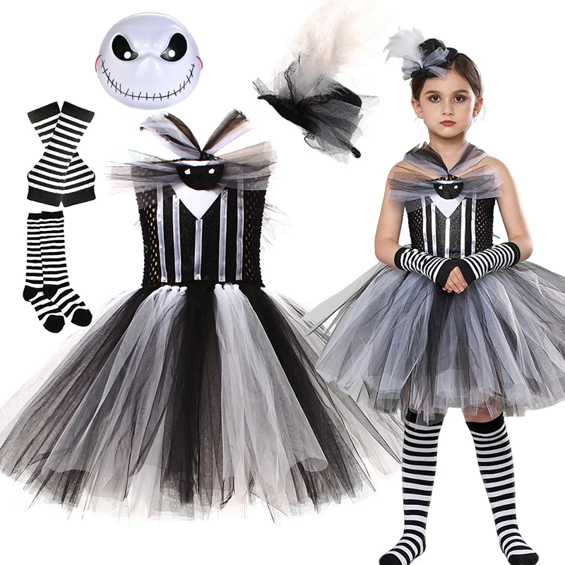 Gotisches Geister-Tutu-Kostüm für kleine Kinder, schwarz-weißes Tüllkleid, volle Socken, Stirnband für Süßes oder Saures, Schule, Bühne, Faschingskostüm