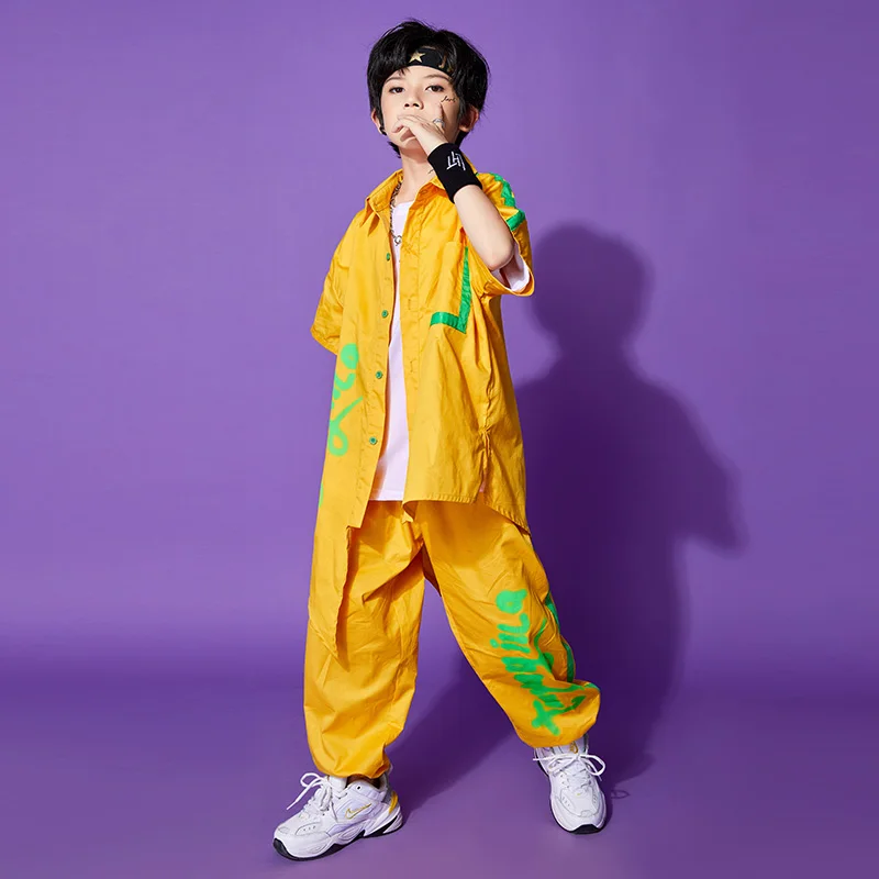 Wear Pants for Girls Boys Jazz Dance Costume Set Clothes Kids Hip Hop Showing Clothing Yellow Short Sleeve Shirt Tops Street