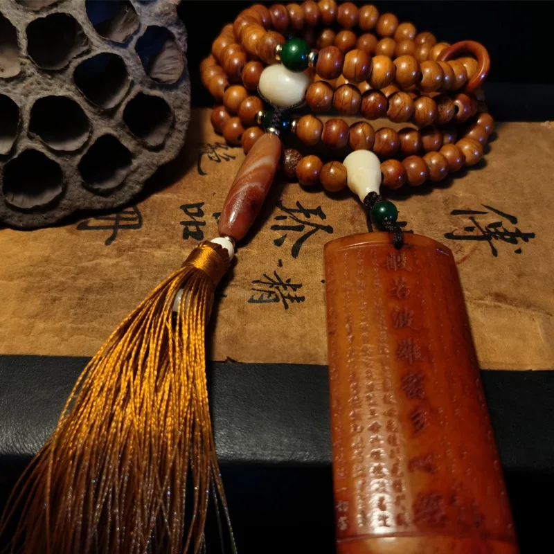 Old cow bone bracelet with 108 Buddhist beads, engraved with the Heart Sutra, ethnic style, distressed finish, tassel necklace