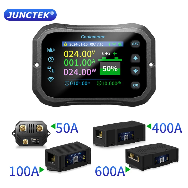 KM-F Coulomb meter with WIFI, high-precision bidirectional current detection, displays battery voltage & power for RV & EV.