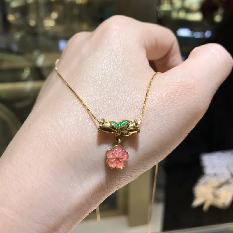 Real 18K gold bamboo knot peach blossom pendant AU750 solid non demoulding necklace pendant women's boutique jewelry gift D0095