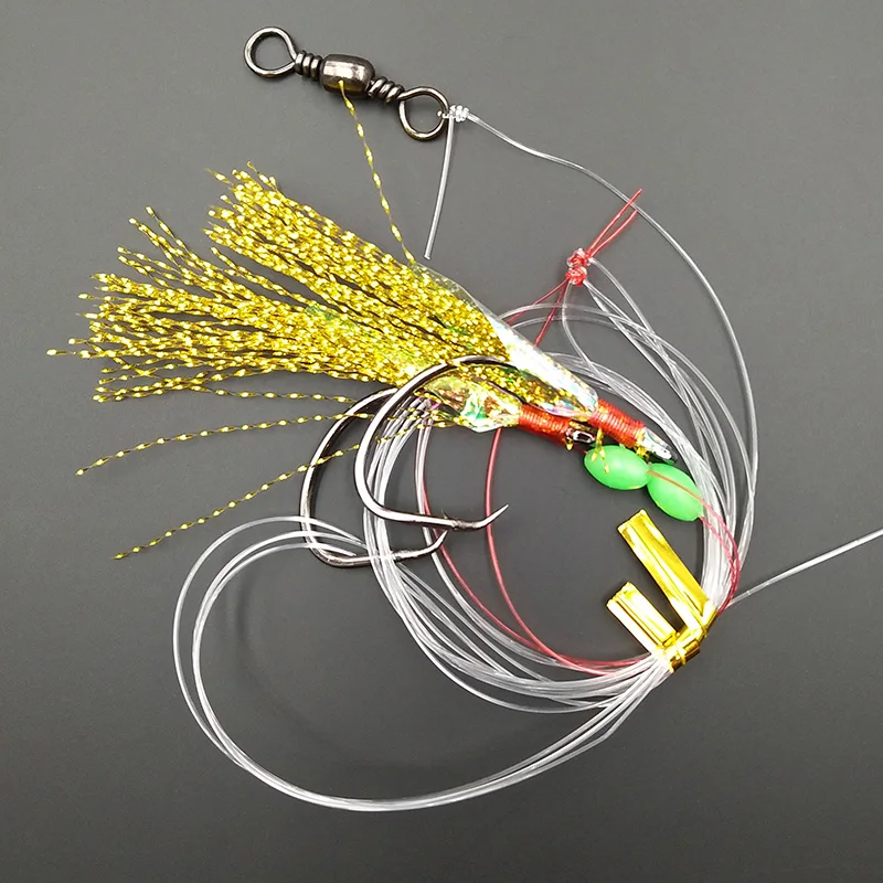 

Lunker Sabiki Rig 169cm 60lbs double circle hooks artificial fish skin colored threads glowing bead saltwater giant fishing