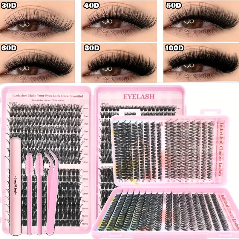طقم تمديد الرموش الصناعية الاحترافية مع السندات والختم، ملاقط، فرشاة الرموش - 30D/40D/50D 60D/80D/100D، أطوال 9-16 مم،