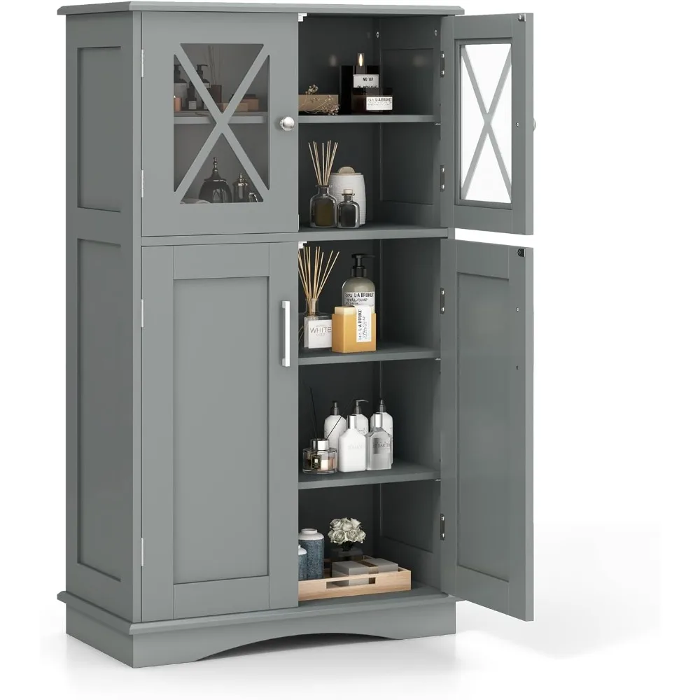 

Bathroom Storage Cabinet, Freestanding Floor Cabinet w/2 Glass Doors, 3-Level Adjustable Shelves, Anti-toppling Design