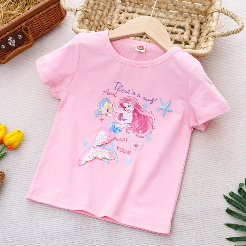 

Kids T-shirt Ariel Girls Tee Cotton Summer Short sleeves Frozen Elsa For Children Disney Princess Girls Clothes Costumes 2-8Y