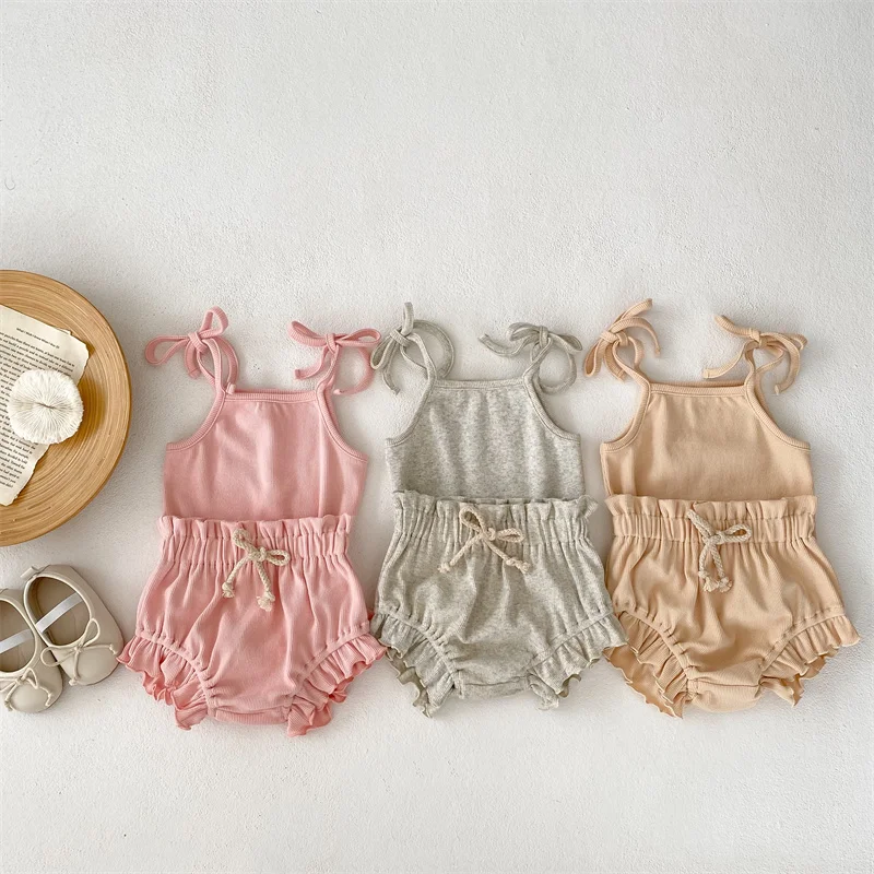 Cute Baby Girls Clothing Set Summer Cotton Ribbed Strap Shirt+Ruffles Lace Bloomers Children Outfits Baby Stuff 6M 12M 18M 24M