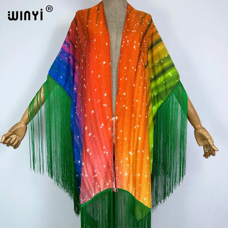 Winyi Kimono Zomer Boho Print Bikini Cover-Up Elegant Mode Vest Sexy Vakantie Lange Mouw Kwastjes Maxi Jurk Mode Jas