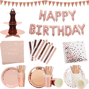 Parti için tek kullanımlık sofra takımı seti altın, pembe, bardak, tabak, kağıt, dekorasyon partisi, doğum günü, düğün, bebek duşu, bir üyeye veda 12-En çok satılan yemekler partisi - №8