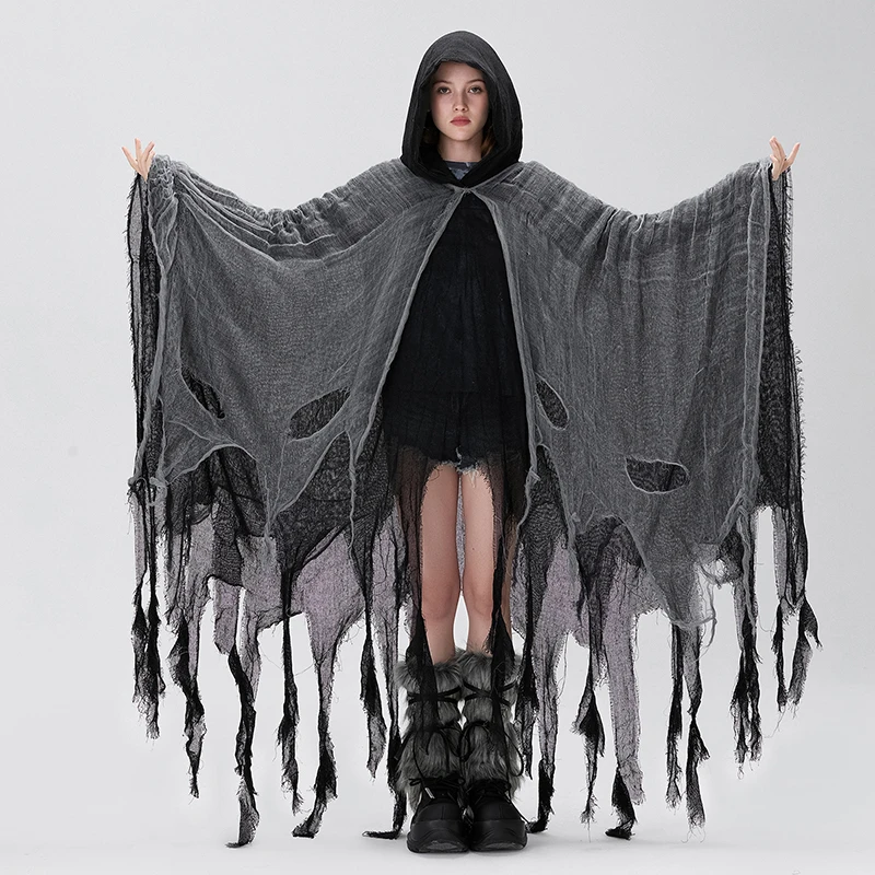 Halloween Witch Cloak with Hood Exaggerated Ripped Grim Reaper Cape Cosplay Props