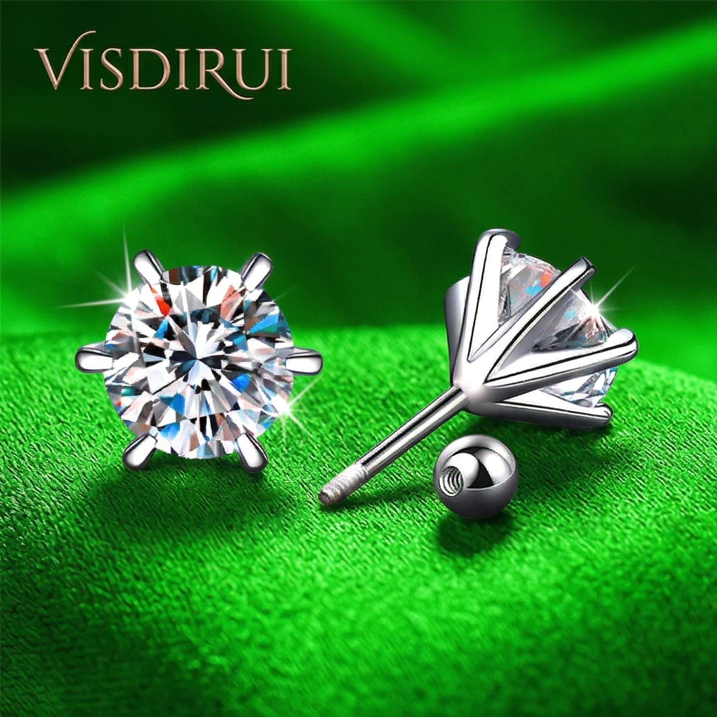

VISDIRUI D Color Moissanite Stud Earrings S925 Silver 0.3ct 0.5ct 1ct 2ct Round Cut Hypoallergenic Fine Jewelry Gift Her