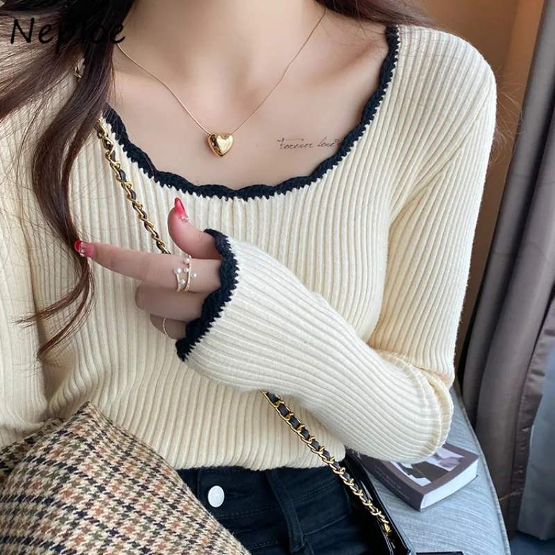 Neploe 2024 Early Autumn Color Blocking Knitted Sweater Femem Korean Sweet Gentle Round Neck Base Long Sleeve High-End Pullovers