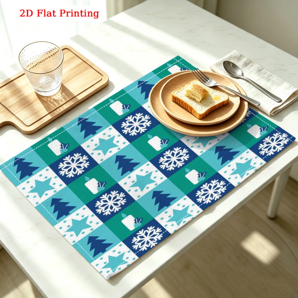 1Pc Winter Snowflake Placemat Blue Green Christmas Tree Print Table Mat Kitchen Dining Decor Non Slip Heat Resistant 30X40Cm