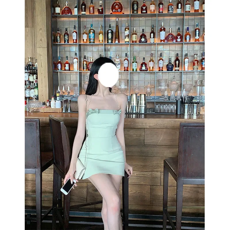 2024 Summer New Mint Green Mini Halter Sexy Dress Small Girl Pearl Straps Bow Super Hot Dress Backless Slim Pencil Party Dress