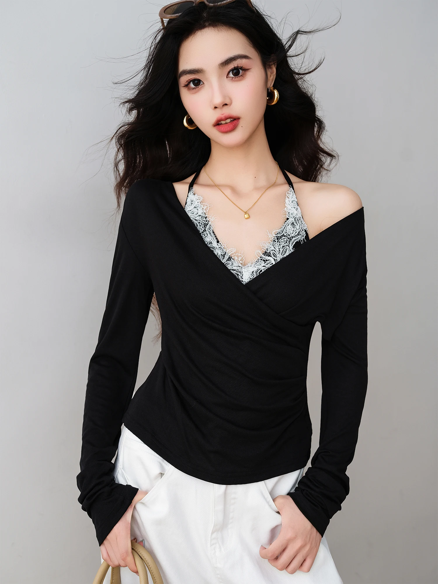 

Ronron Cross V-ne Pleated Waist T-irt Long Sve Slim Fit French Sle Cotton Blend Women's Faion Autumn 2025