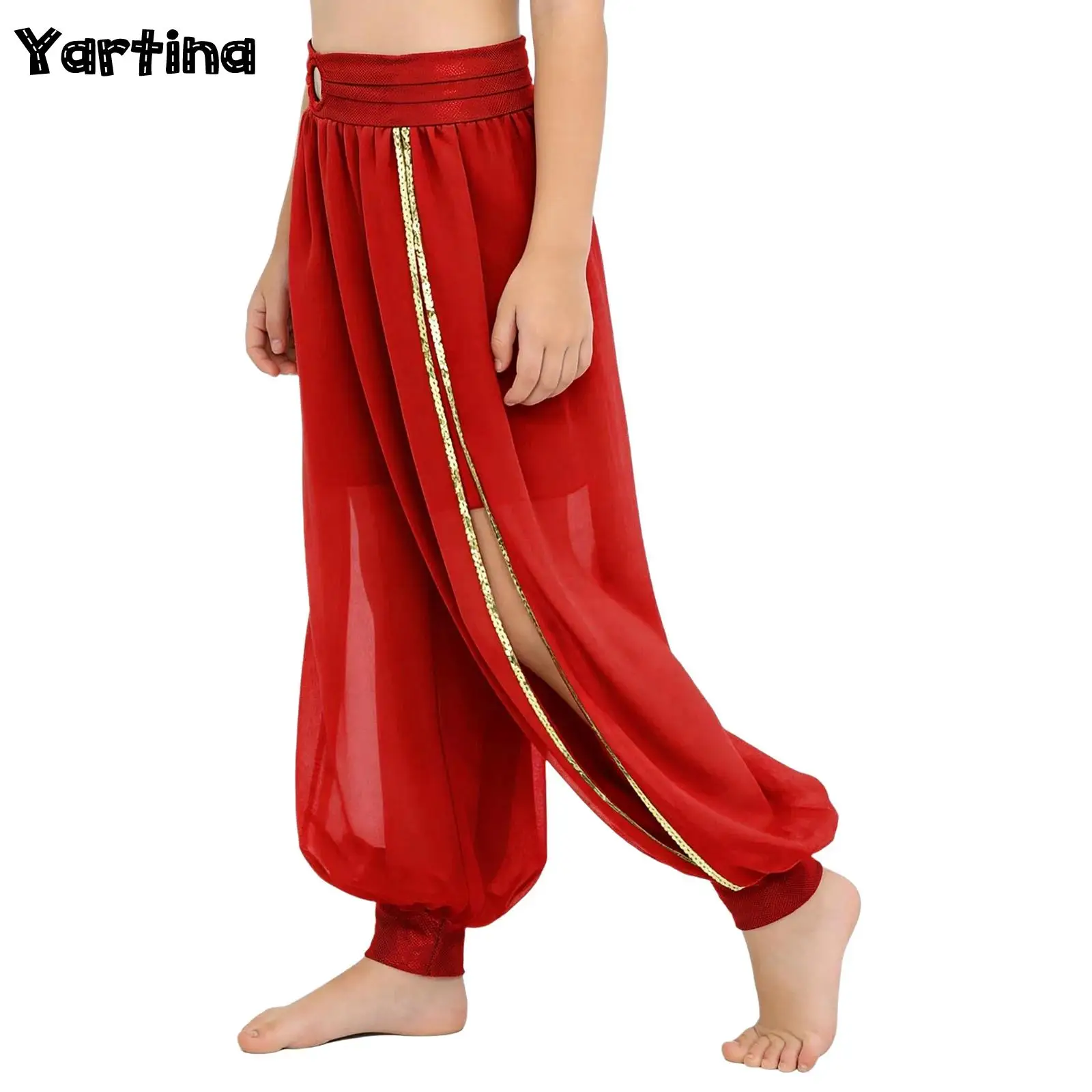 Spodnie do tańca brzucha dla dziewczynek, bloomersy, kostium na Halloween, imprezę tematyczną, karnawał, szyfonowe spodnie z marszczonym pasem z O-ringiem i rozcięciem z boku.