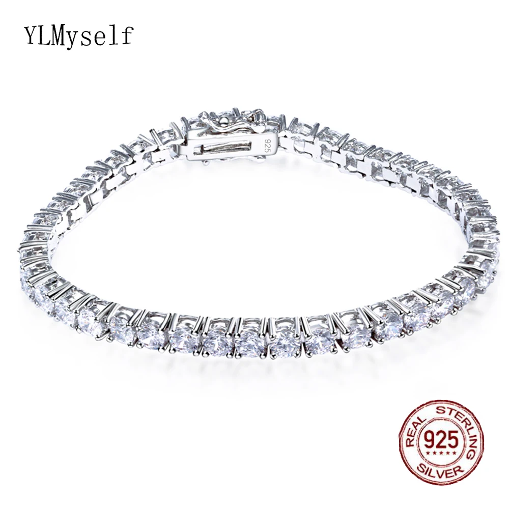 Solid 925 Silver 4mm Cubic Zircon 15-21CM Hip Hop Rock Real Sterling Silver Jewellery Women/Men Tennis Bracelet Jewelry