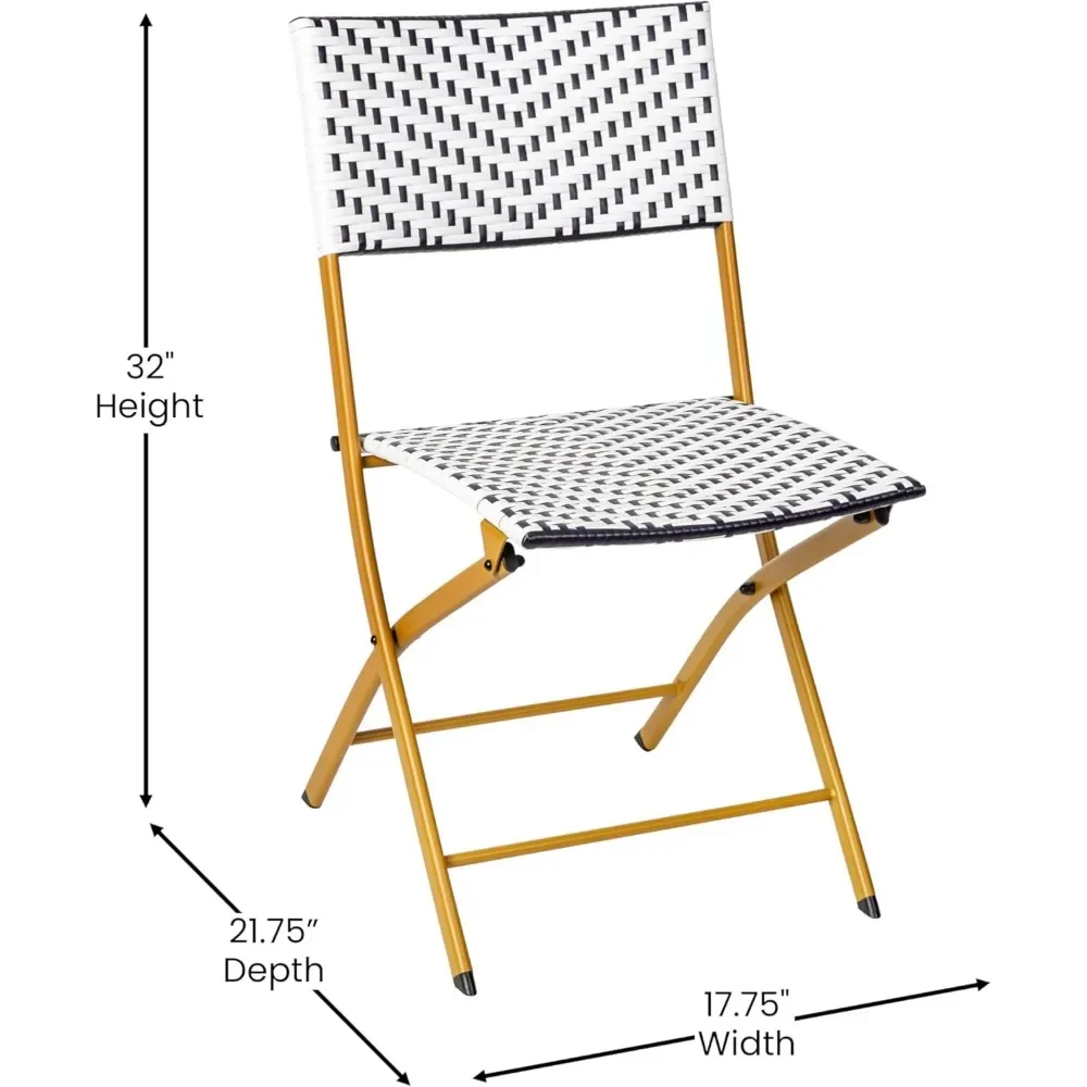 Cadeiras bistrô francesas dobráveis de duas peças Ciel - rattan PE marinho e branco - molduras de metal com acabamento natural - interior/externo