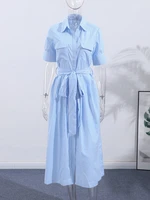 Elegant Women's Striped Long Dress Summer Lace Up Turn-Down Collar Single-breasted Blue A-line Dresses 2026 Lady Holiday Robes - Image 4