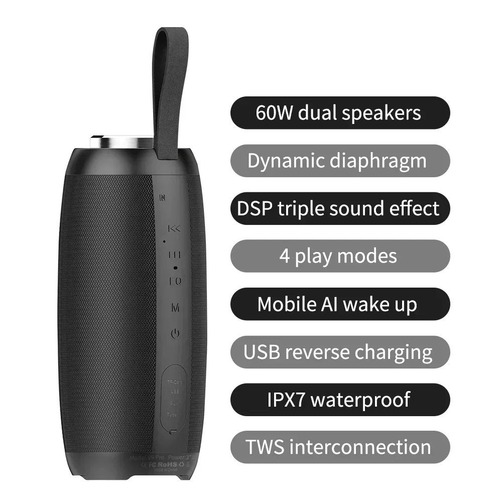 60W Portable Super Subwoofer Portable Speaker Home Outdoor Fabric Waterproof Column Bluetooth Speaker Riding Sound Box TF Card