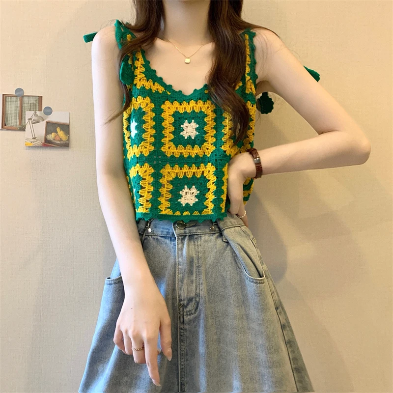 Boho Crochet Top Open Knit Tie Strap Crop Camis for Women Teengirl Granny Square Top Vintage Fairycore Summer Outfit