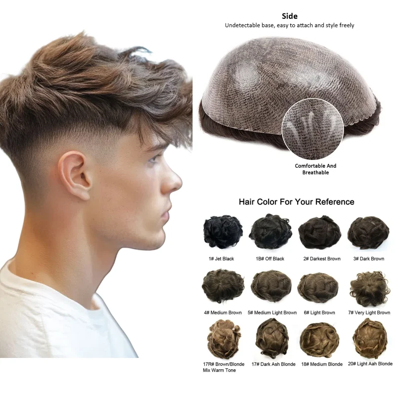 

0.1mm Thin Skin Men's Toupee | Full PU Base 100% Human Hairpiece, Breathable & Invisible Hair Integration System