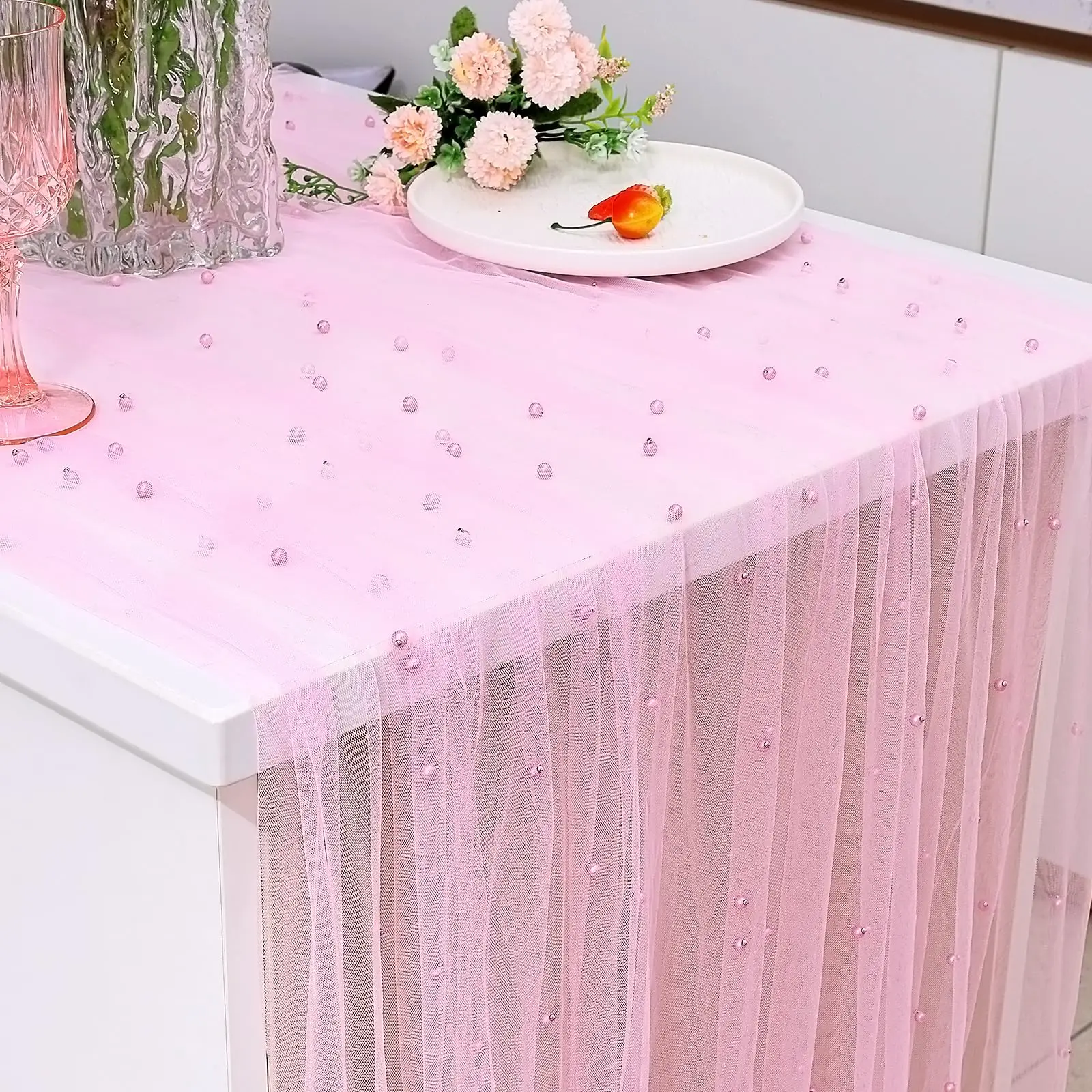 

Pearl Table Runner, Pearl Tablecloth, Tulle Table Runner Chiffon Fabric for Wedding Decor, Birthday Party Dining Table Cover