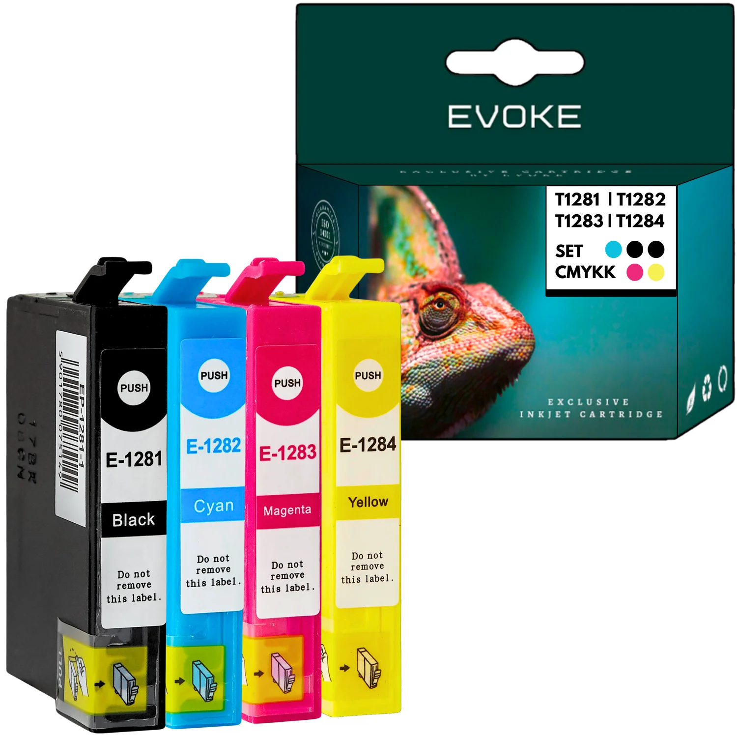 Evoke compatibele inkt voor Epson T1281 T1282 T1283 T1284 1281-1284 128XL 4X Cmyk: Zwart, Cyaan, Magenta, Geel 42 ml 1840 Stron Stylus S22, Sx125 130 130W 230 235 235W 420W 425W 430W 435W 438W 440W